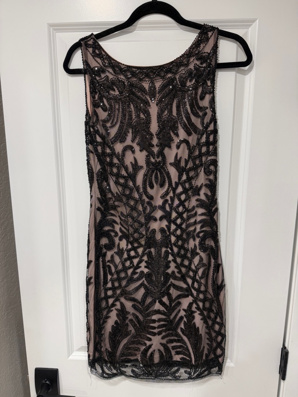 Beaded Lace Overlay Mini Dress in Black on Nude